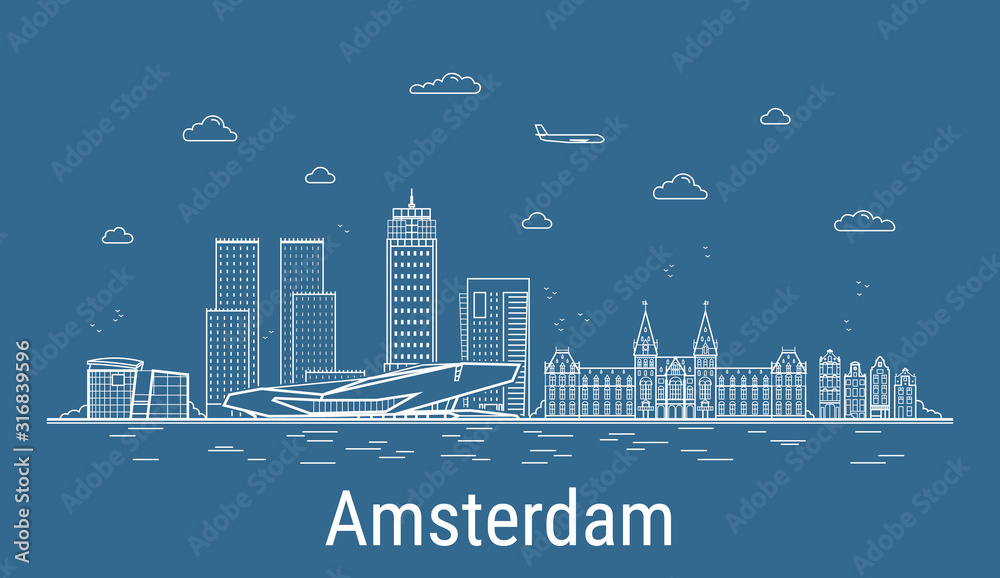 Naklejka Amsterdam city, Line Art Vector illustration with all famous towers. Linear Banner with Showplace. Composition of Modern buildings, Cityscape. Amsterdam buildings set.
