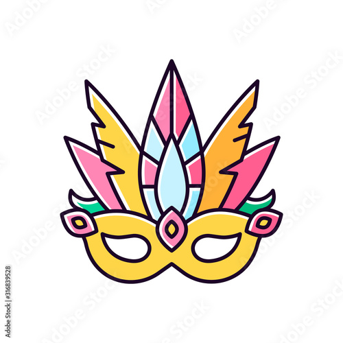 Masquerade mask yellow RGB color icon. Traditional headwear with plumage. Ethnic festival parade. National holiday. Isolated vector illustration