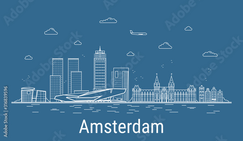 Amsterdam city, Line Art Vector illustration with all famous towers. Linear Banner with Showplace. Composition of Modern buildings, Cityscape. Amsterdam buildings set.