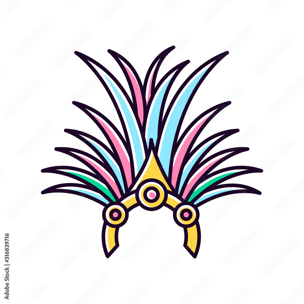 Obraz premium Brazilian carnival headwear yellow RGB color icon. Crown with palm leaves and jewels. Traditional wear. Ethnic festival. National holiday. Masquerade parade. Isolated vector illustration