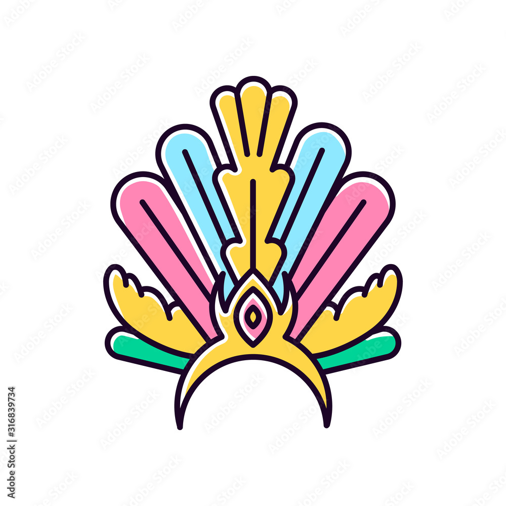 Brazilian carnival headwear yellow RGB color icon. Crown with plumage. Ethnic wear. Traditional festival. National holiday. Masquerade parade. Isolated vector illustration Brazilian carnival headwear yellow RGB color icon. Crown with plumage. Ethnic wear. Traditional festival. National holiday. Masquerade parade. Isolated vector illustration