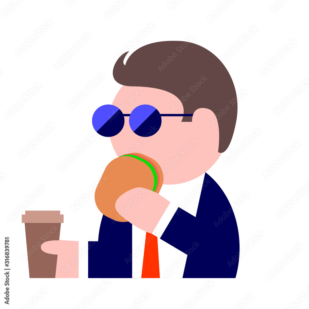 Drawing of a business man wearing sunglasses with a cup of coffee and a hamburger.