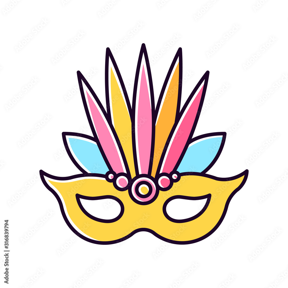 Obraz premium Masquerade mask yellow RGB color icon. Traditional headwear with leaves. Ethnic festival. National holiday parade. Isolated vector illustration