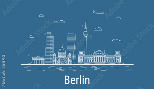 Naklejka Berlin miasto, linia sztuki ilustracji wektorowych ze wszystkimi słynnymi budynkami. Baner liniowy z Showplace. Kompozycja nowoczesnego pejzażu miejskiego. Zestaw budynków berlińskich.