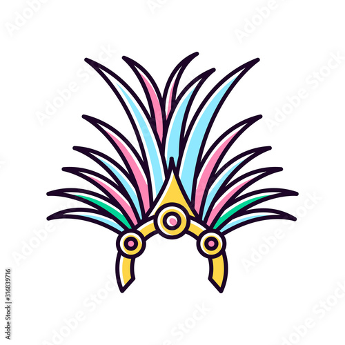 Brazilian carnival headwear yellow RGB color icon. Crown with palm leaves and jewels. Traditional wear. Ethnic festival. National holiday. Masquerade parade. Isolated vector illustration