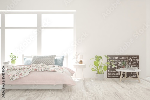 Stylish bedroom in white color. Scandinavian interior design. 3D illustration