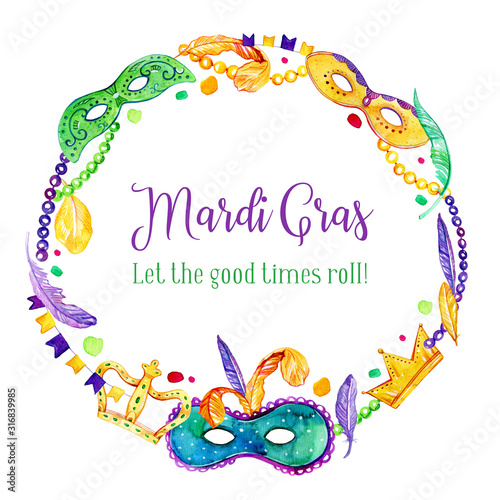 Foto Round frame design template for Mardi Gras with masks, beads, feathers and crowns