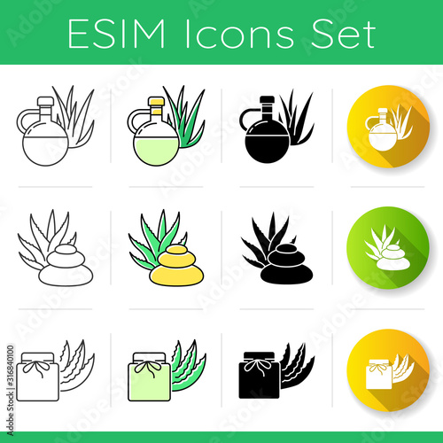 Aloe vera icons set. Spa treatment. Medicinal herbs. Natural cream and organic lotion. Organic antioxidant. Moisturizing extract. Linear, black and RGB color styles. Isolated vector illustrations
