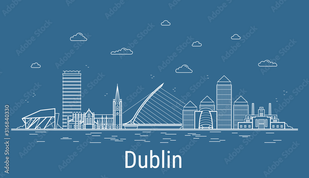 Naklejka Dublin city, ilustracja wektorowa sztuki linii ze wszystkimi słynnymi wieżami. Baner liniowy z Showplace. Kompozycja nowoczesnych budynków, gród. Zestaw budynków w Dublinie.