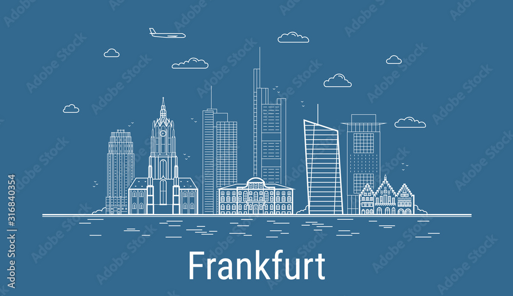 Naklejka Miasto Frankfurt, ilustracja wektorowa sztuki linii ze wszystkimi słynnymi budynkami. Baner liniowy z Showplace. Kompozycja nowoczesnego pejzażu miejskiego. Zestaw budynków we Frankfurcie.