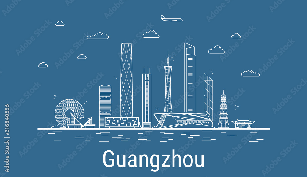Naklejka Guangzhou city, Line Art Vector illustration with all famous buildings. Linear Banner with Showplace. Composition of Modern cityscape. Guangzhou buildings set.