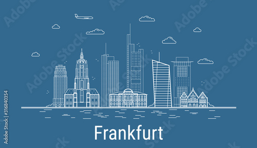 Frankfurt city, Line Art Vector illustration with all famous buildings. Linear Banner with Showplace. Composition of Modern cityscape. Frankfurt buildings set.