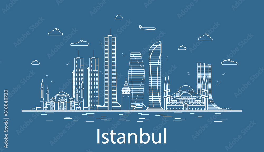 Modern Istanbul city line art Vector illustration with all famous buildings. Skyline.