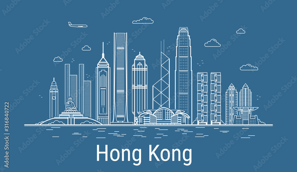 Fototapeta premium Hong Kong city line art vector. Illustration with all famous buildings. Cityscape. 