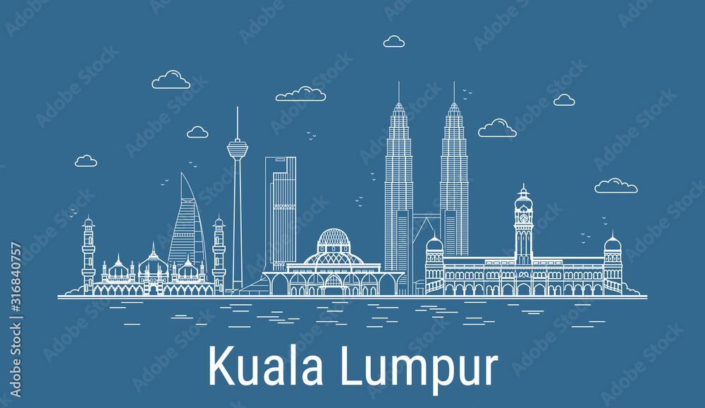 Naklejka premium Kuala Lumpur city, Line Art Vector illustration with all famous towers. Linear Banner with Showplace, Skyscrapers and hotels. Composition of Modern buildings, Cityscape. Kuala Lumpur buildings set.