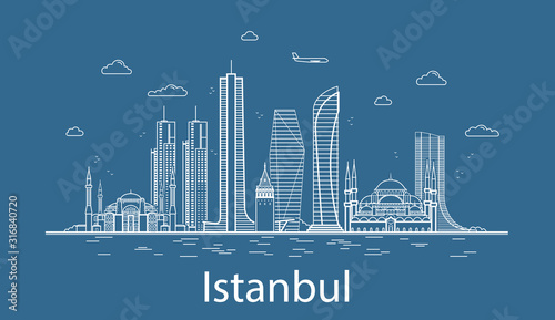 Modern Istanbul city line art Vector illustration with all famous buildings. Skyline.
