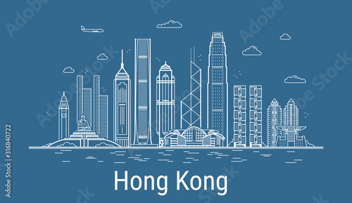 Hong Kong city line art vector. Illustration with all famous buildings. Cityscape.  photo