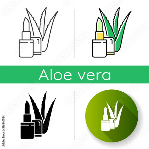Organic lip balm icon. Organic cosmetic with aloe vera extract. Lipcare with medicinal herbs. Plant based cosmetic product. Linear black and RGB color styles. Isolated vector illustrations