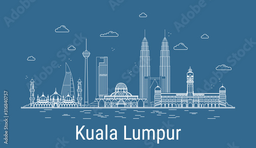 Canvas Print Kuala Lumpur city, Line Art Vector illustration with all famous towers