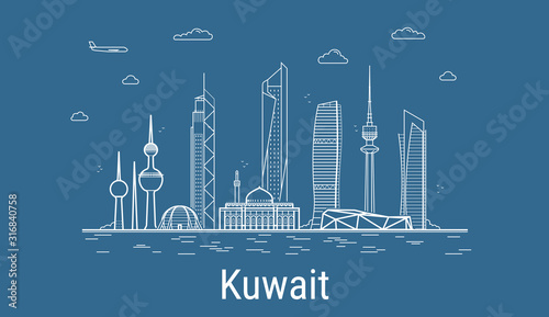 Kuwait city, Line Art Vector illustration with all famous buildings. Linear Banner with Showplace. Composition of Modern buildings, Cityscape. Kuwait buildings set. photo