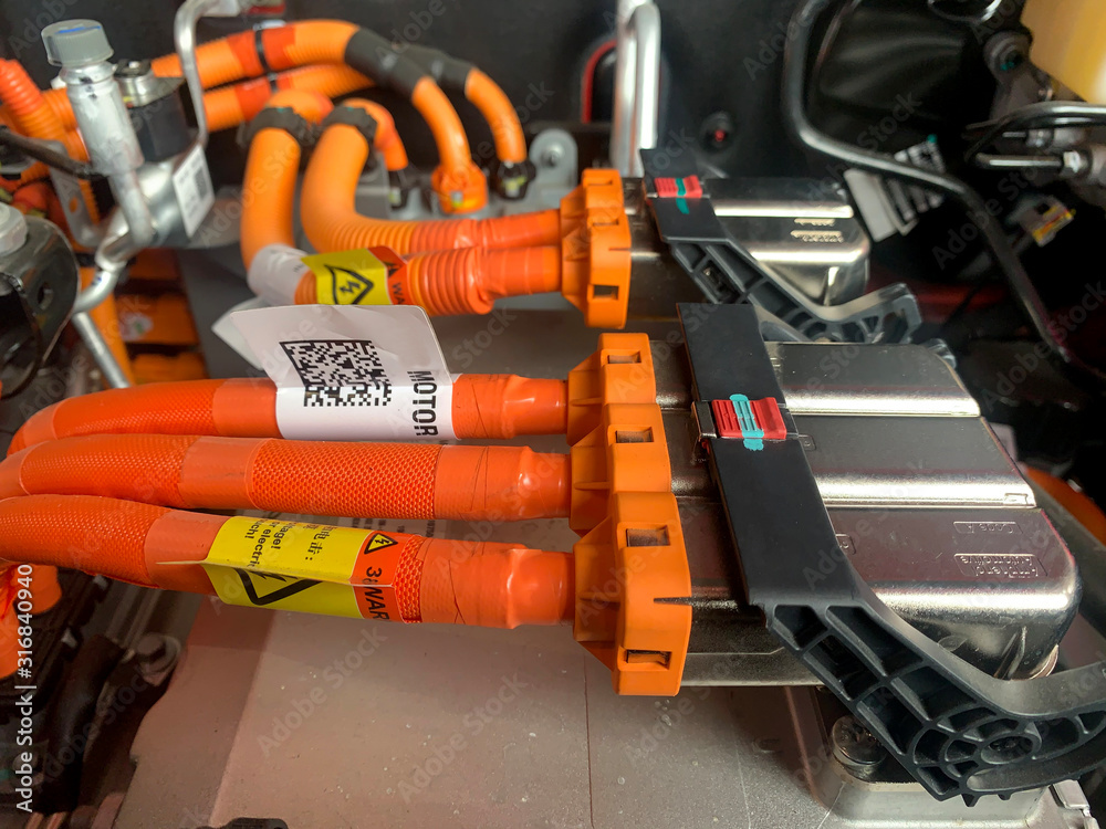 under the hood of electric vehicle emgine, inverter, High voltage