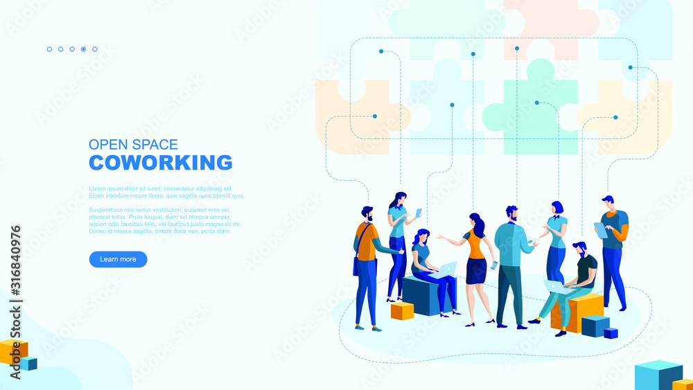 Trendy flat illustration. Open space Coworking page concept. Office workers planing business mechanism, analyze business strategy and exchange ideas.Template for your design works. Vector graphics. Trendy flat illustration. Open space Coworking page concept. Office workers planing business mechanism, analyze business strategy and exchange ideas.Template for your design works. Vector graphics.