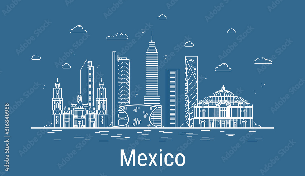 Mexico city, Line Art Vector illustration with all famous towers. Linear Banner with Showplace, Skyscrapers and hotels. Composition of Modern buildings, Cityscape. Mexico buildings set.