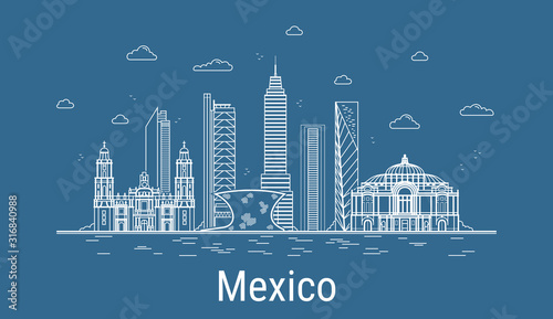 Mexico city, Line Art Vector illustration with all famous towers. Linear Banner with Showplace, Skyscrapers and hotels. Composition of Modern buildings, Cityscape. Mexico buildings set.