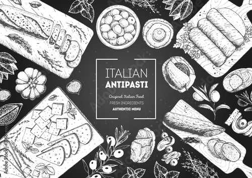 Italian food top view. A set of Italian Antipasti. Food menu design template. Vintage hand drawn sketch vector illustration. Engraved image