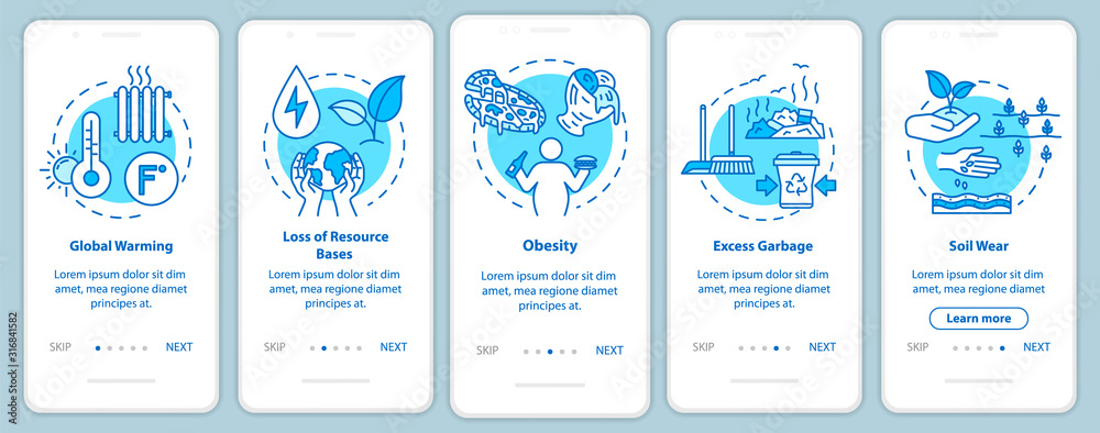 Overconsumption onboarding mobile app page screen with concepts. Global warming, soil wear. Consumerism walkthrough 5 steps graphic instructions. UI vector template with RGB color illustrations Overconsumption onboarding mobile app page screen with concepts. Global warming, soil wear. Consumerism walkthrough 5 steps graphic instructions. UI vector template with RGB color illustrations