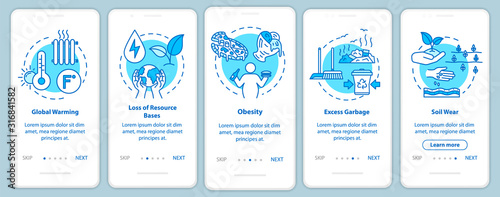 Overconsumption onboarding mobile app page screen with concepts. Global warming, soil wear. Consumerism walkthrough 5 steps graphic instructions. UI vector template with RGB color illustrations