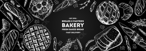 Bakery background. Bakery top view frame. Hand drawn sketch with bread, pastry, sweet. Bakery set vector illustration. Background design template . Engraved food image. Black and white package design.