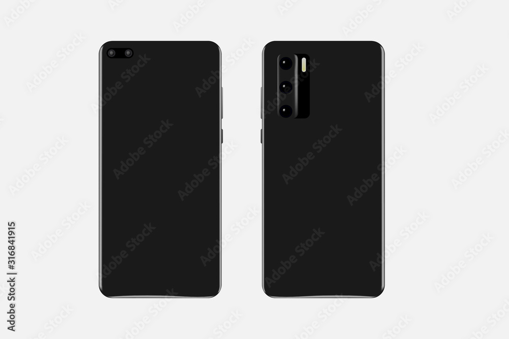 Black phone in a realistic style. Stylish phone on both sides and with three cameras. Phone mock up. Vector eps illustration. Black phone in a realistic style. Stylish phone on both sides and with three cameras. Phone mock up. Vector eps illustration.