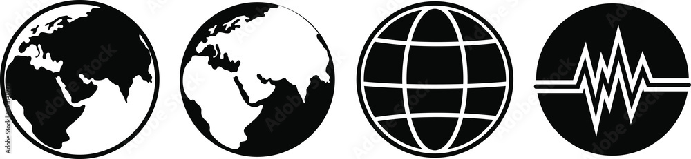 Round world map icon. Set vector planets in line style. Black silhouette in space. Astrology images. Planets space. Logo collection. Round world map icon. Set vector planets in line style. Black silhouette in space. Astrology images. Planets space. Logo collection.