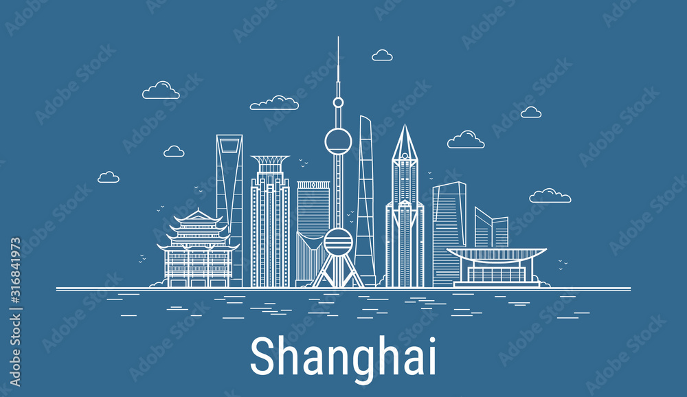 Naklejka Vector Shanghai City. All Shanghai famous buildings. Line art style. Skyline.