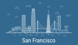 San Francisco city, Line Art Vector illustration with all famous towers. Linear Banner with Showplace. Composition of Modern buildings, Cityscape. San Francisco buildings set.