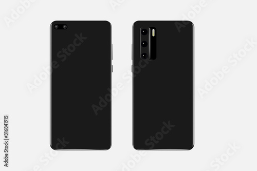 Black phone in a realistic style. Stylish phone on both sides and with three cameras. Phone mock up. Vector eps illustration. photo