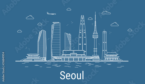 Seoul city, Line Art Vector illustration with all famous towers. Linear Banner with Showplace. Composition of Modern buildings, Cityscape. Seoul buildings set.