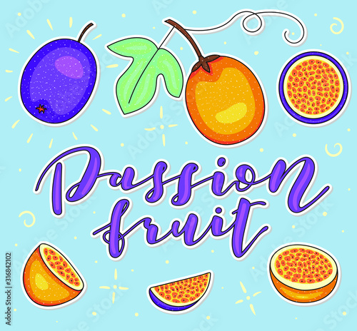 Fototapeta Naklejka Na Ścianę i Meble -  Passion fruit . Whole and pieces. Vector stock illustration. Colored fruit set  isolated on blue background. Lettering.