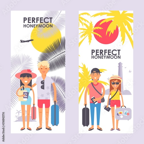 Perfect honeymoon trip advertisement, vector illustration. Vertical banner in flat style, happy couple romantic vacation journey. Travel agency campaign for newlyweds, honeymoon tropical voyage offer