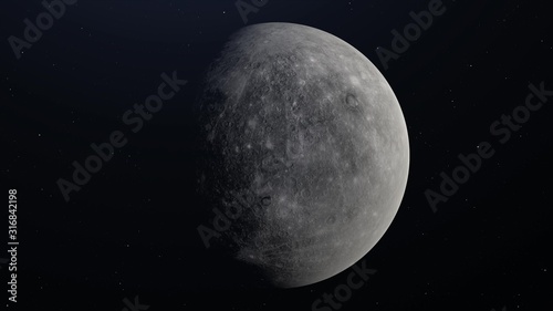 Planet Mercury in Space drifting away, stars in background. 3d rendering