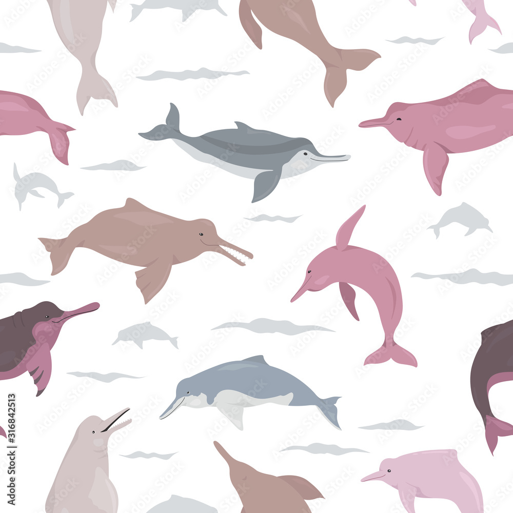 Fototapeta premium River dolphins seamless pattern. Marine mammals collection. Cartoon flat style design