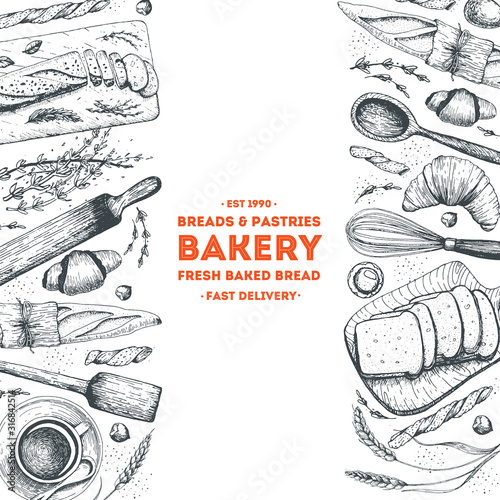 Bakery background. Bakery top view frame. Hand drawn sketch with bread, pastry, sweet. Bakery set vector illustration. Background design template . Engraved food image. Black and white package design.