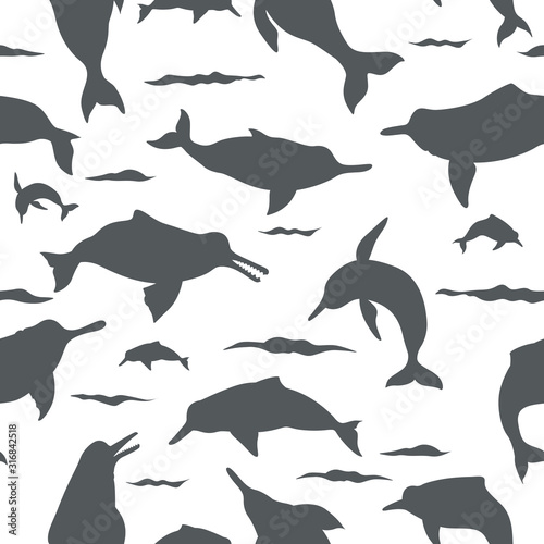 River dolphins seamless pattern. Marine mammals collection. Cartoon flat style design