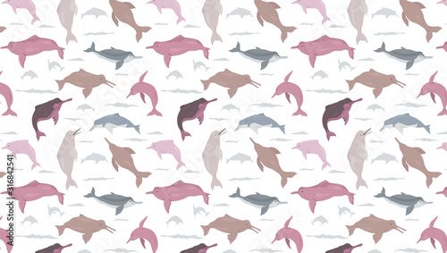 River dolphins seamless pattern. Marine mammals collection. Cartoon flat style design