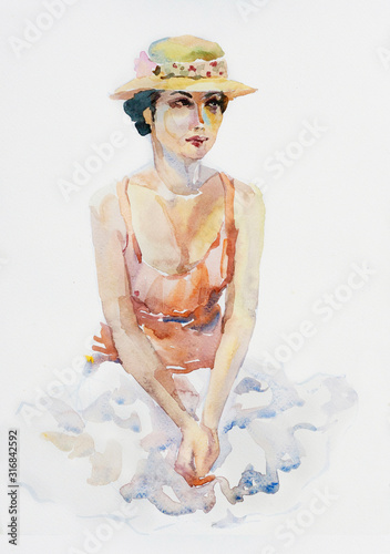 Lady on picknik original watercolor illustration of sitting girl in a hat photo