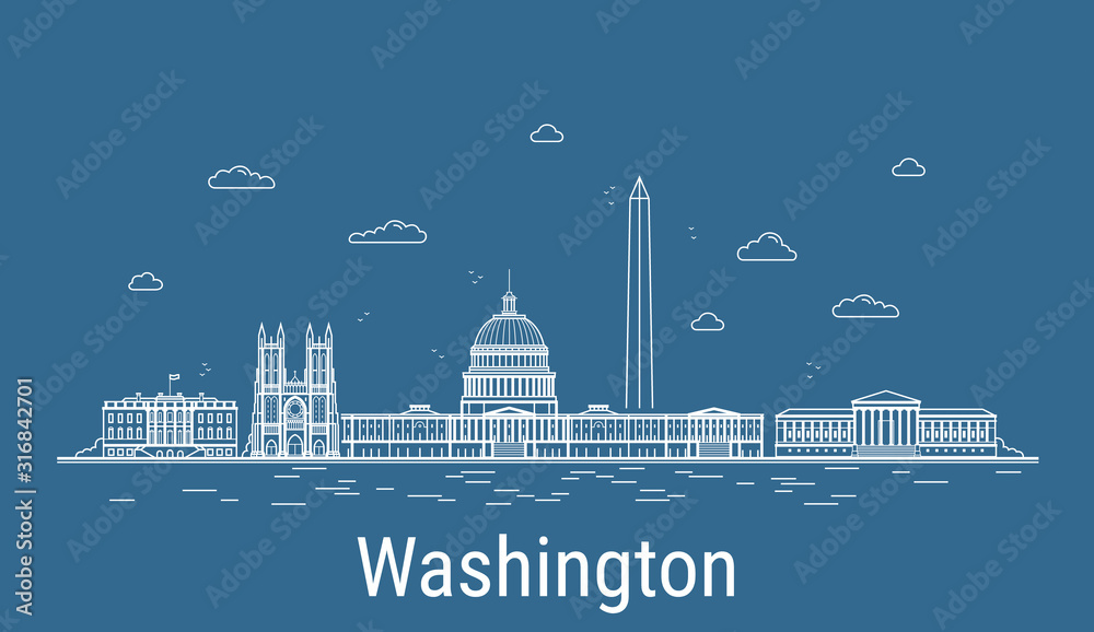 Washington city, Line Art Vector illustration with all famous buildings. Linear Banner with Showplace. Composition of Modern cityscape. Washington buildings set.
