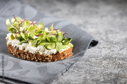 Vegetarian sandwich on fabric. Rye bread with sesame seeds, soft cottage cheese, beet and sunflower sprouts, micro-greens, on a dark gray background. Health food. Close up. Dark grey background.