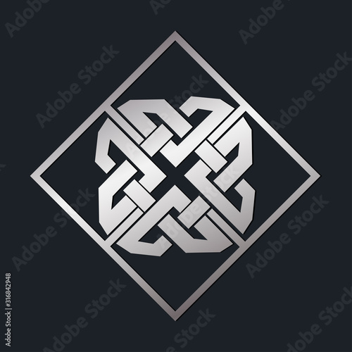 Silver celtic ornament inscribed in a square. Vector illustration isolated on the dark background.