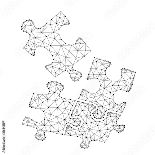Puzzle teamwork from abstract futuristic polygonal black lines and dots.  Connecting puzzle pieces, business office workers team cooperation, partnership concept.